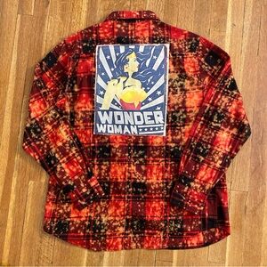 Angry Minnow Mens Large Red Plaid Flannel Shirt Wonder Woman Graphic Back Panel